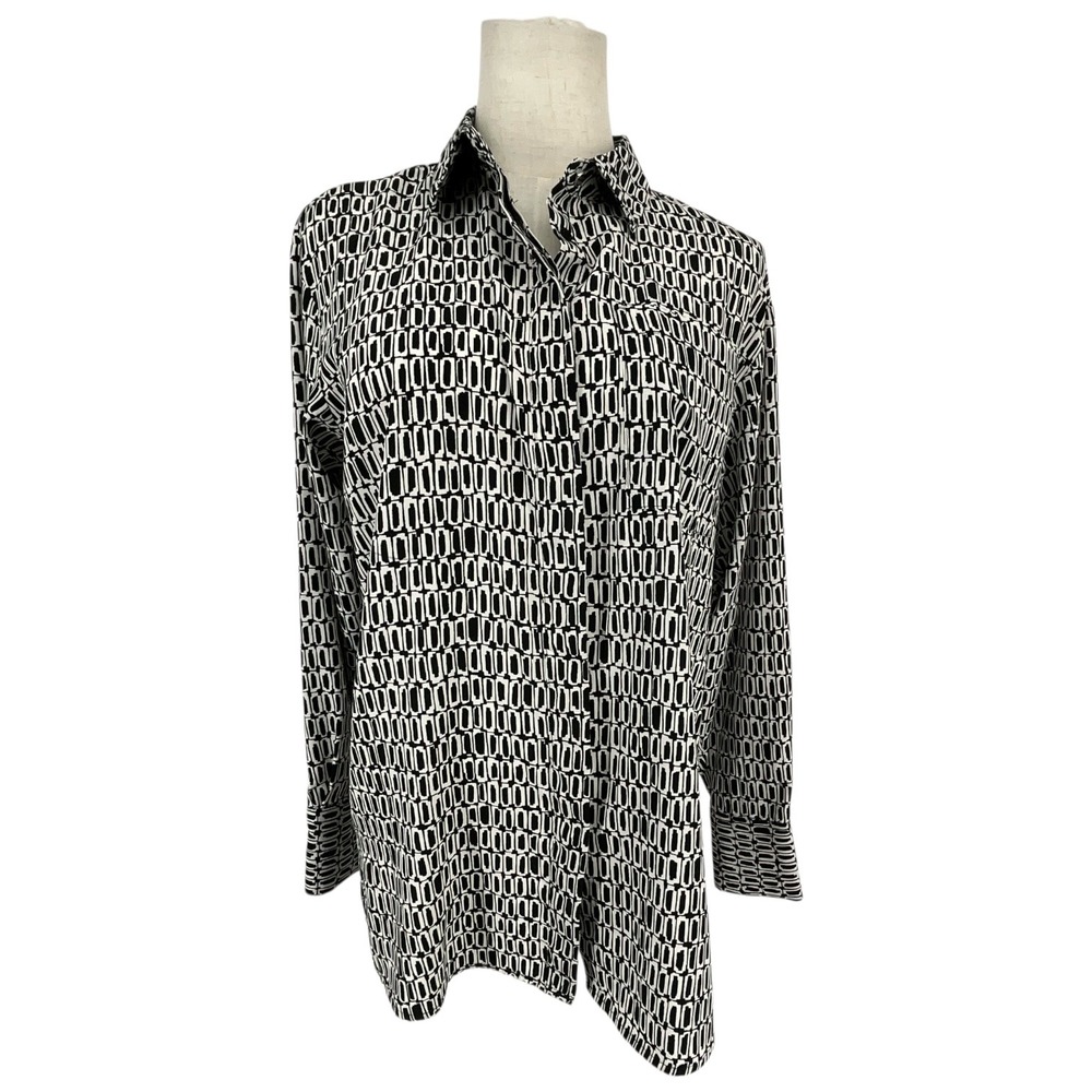 NINE WEST Womens Geometric Print Button Down Shirt Black White Sz S Contemporary